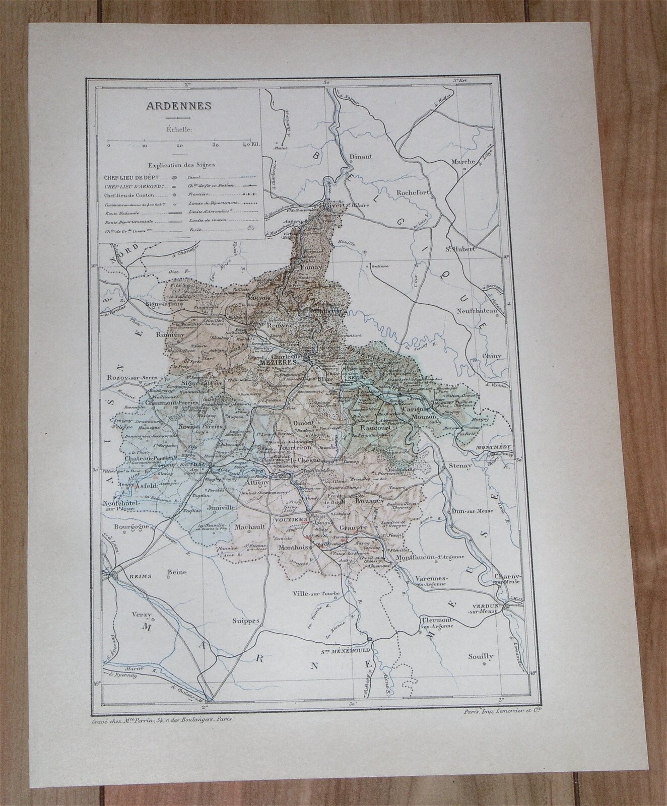 1887 ORIGINAL ANTIQUE MAP OF DEPARTMENT OF ARDENNES MEZIERES / FRANCE