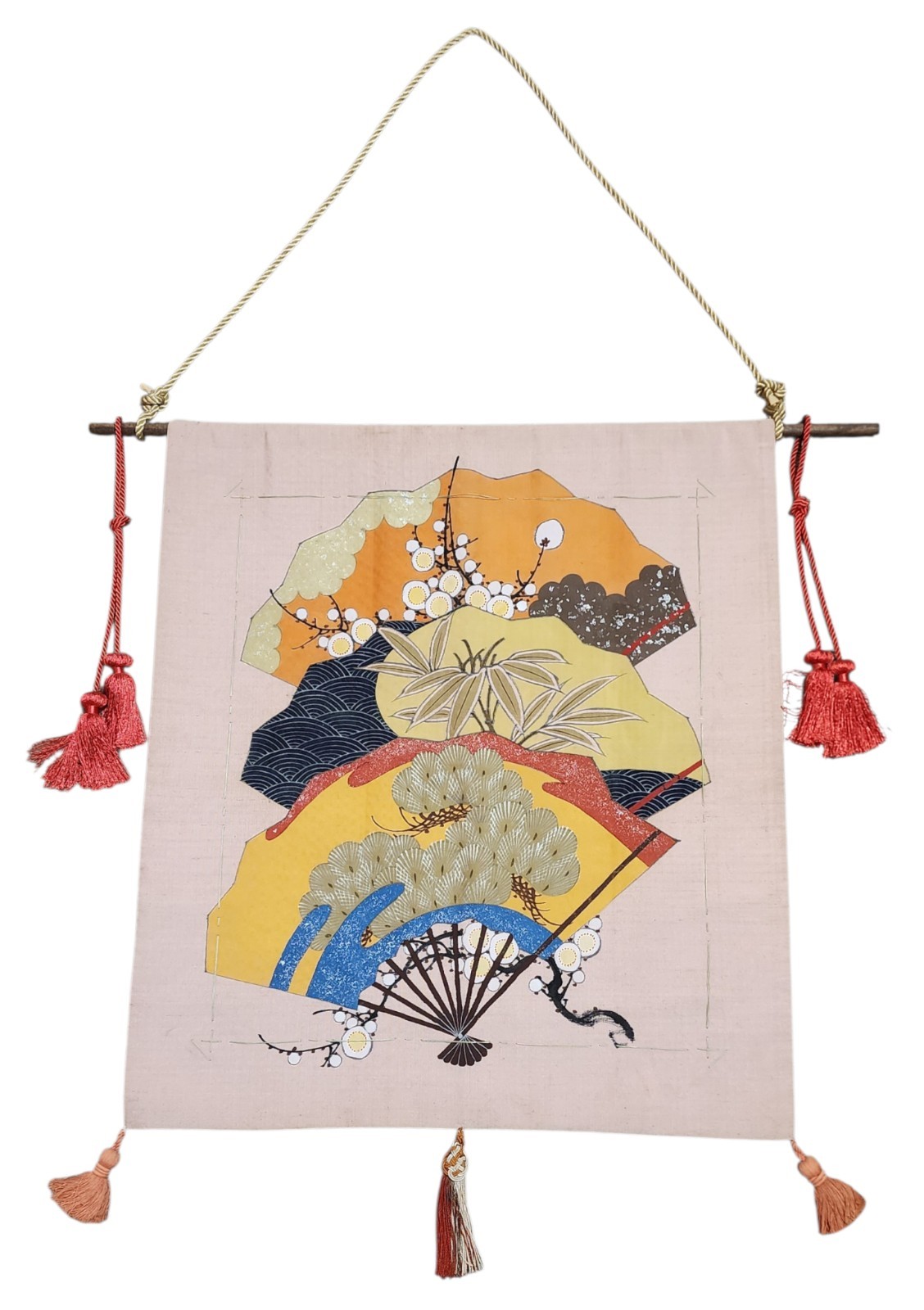 Vintage Japanese Textile Wall Art Hanging Fan Design 23x25.5 Tassels