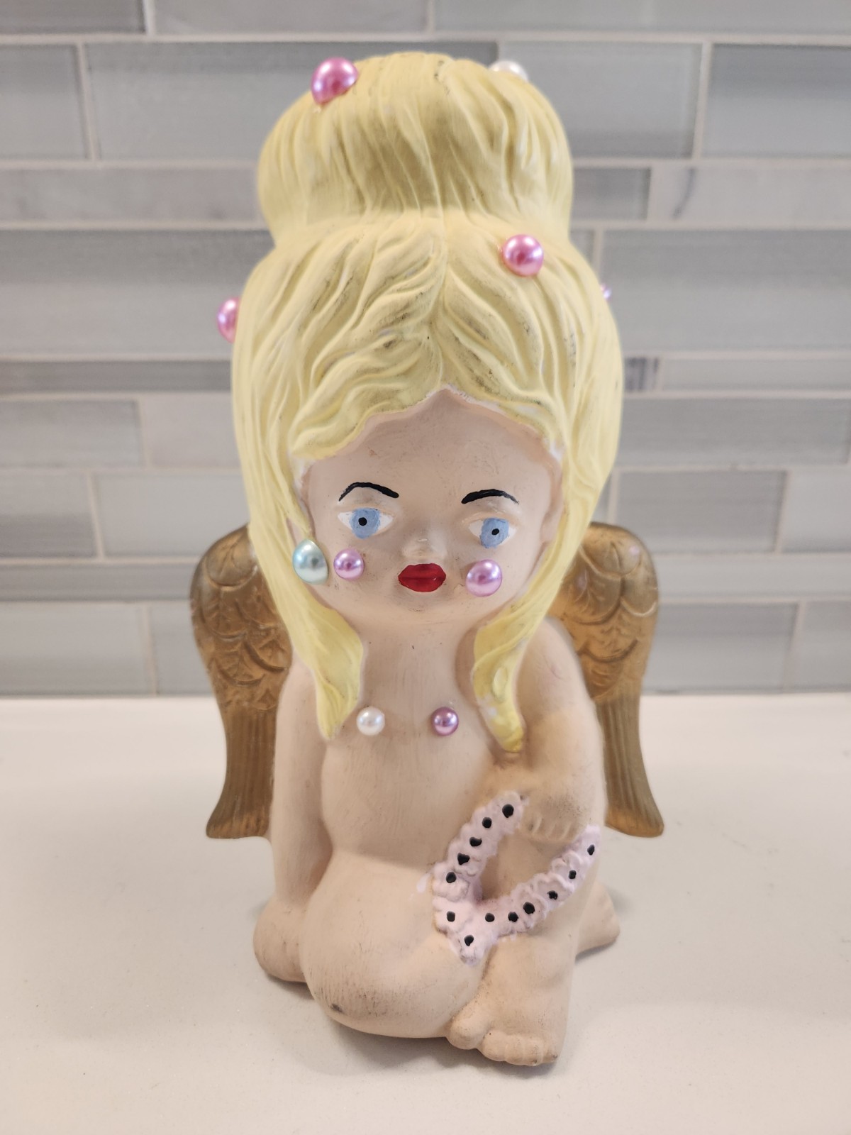 Weird Blonde Winged Angel Cherub 9.5" Statuette Figure 1982 Kathy's Ceramics