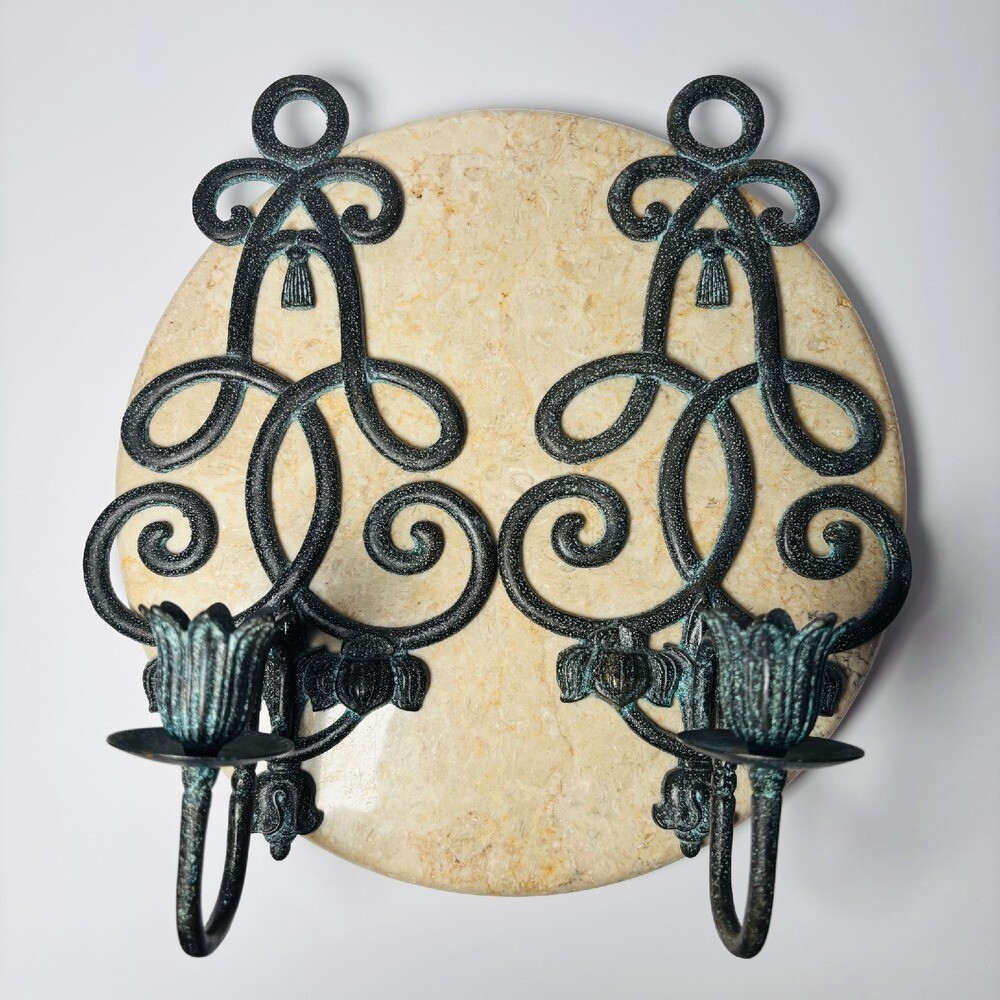 Pair Victorian Style Wall Mounted Sconce Candle Holder Green Patina Andrea Sadek