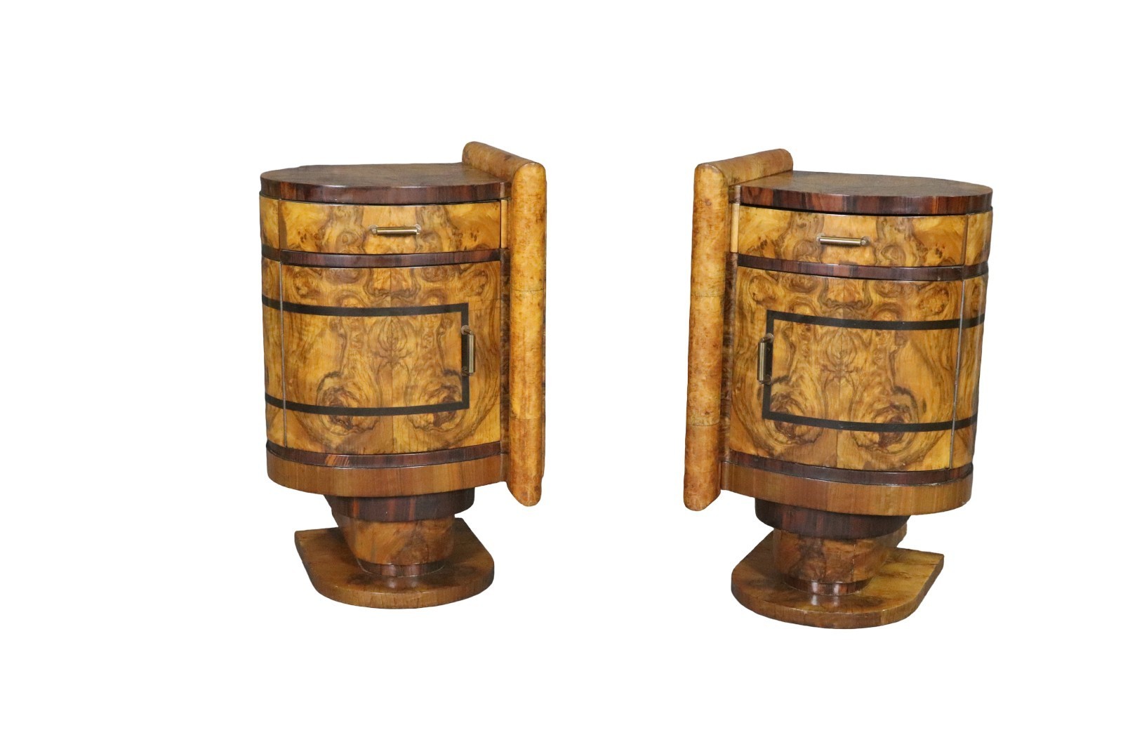 Pair French Art Deco Circassian Walnut Cylindrical 1920s era Nightstands