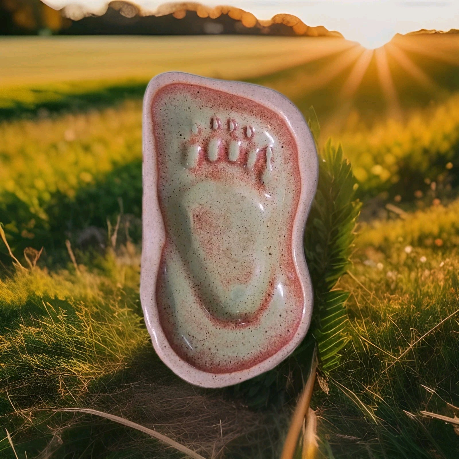 Pigeon Forge Pottery Bear Paw Foot Print Trinket Coin Dish 6.5"L Home Decor EUC