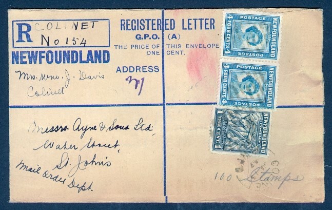 NEWFOUNDLAND 1947 COLINET REGISTERED ENVELOPE INTERNAL
