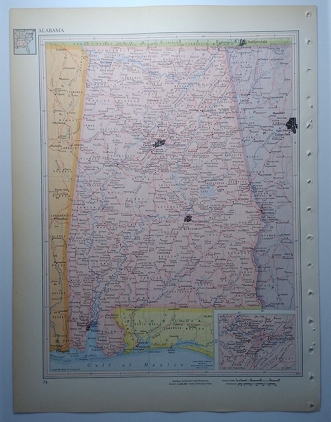 1957 Antique ALABAMA Atlas Map - Vintage Encyclopedia Britannica World Atlas