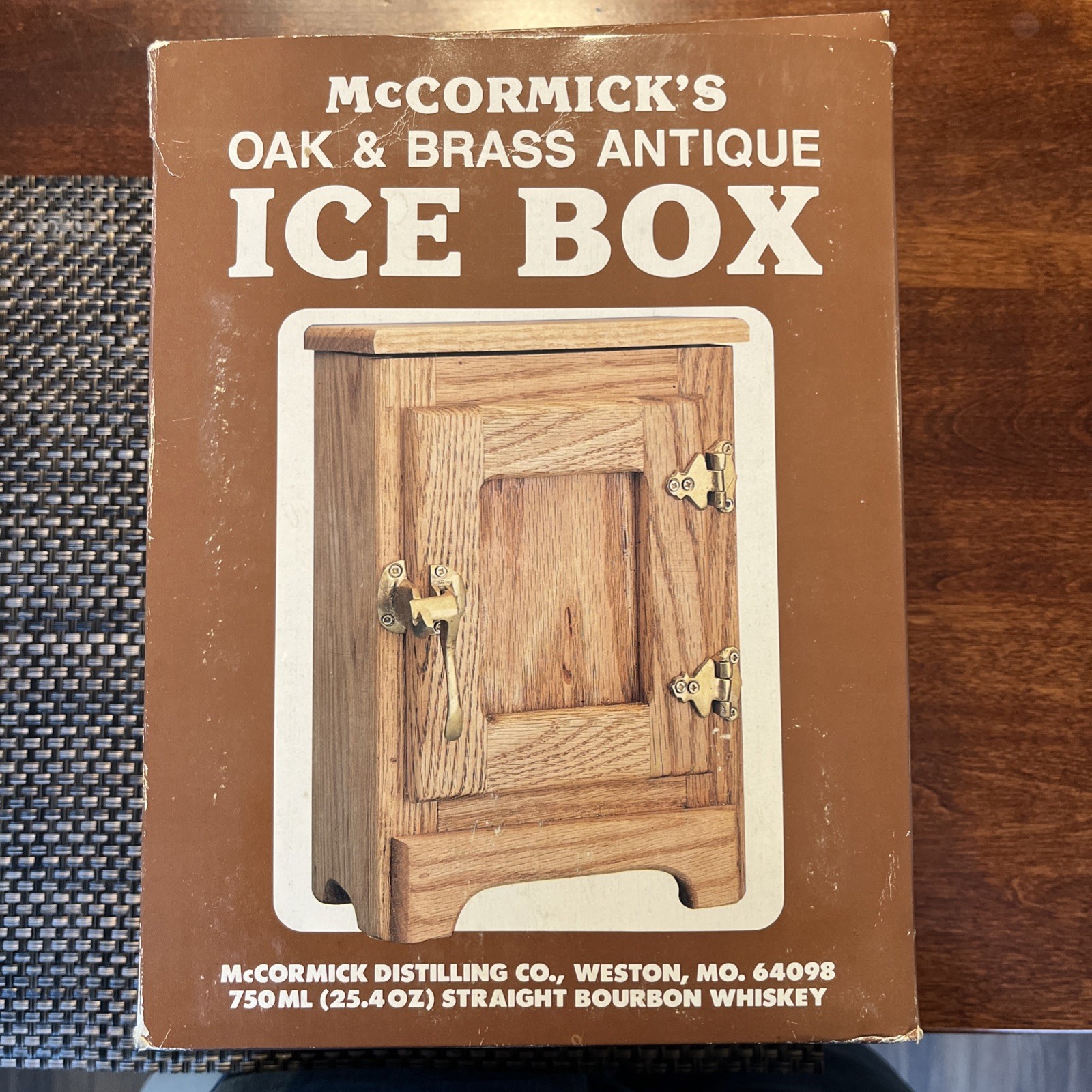 McCormick’s Oak & Brass Antique Ice Box Bourbon Decanter With Empty Bottle.