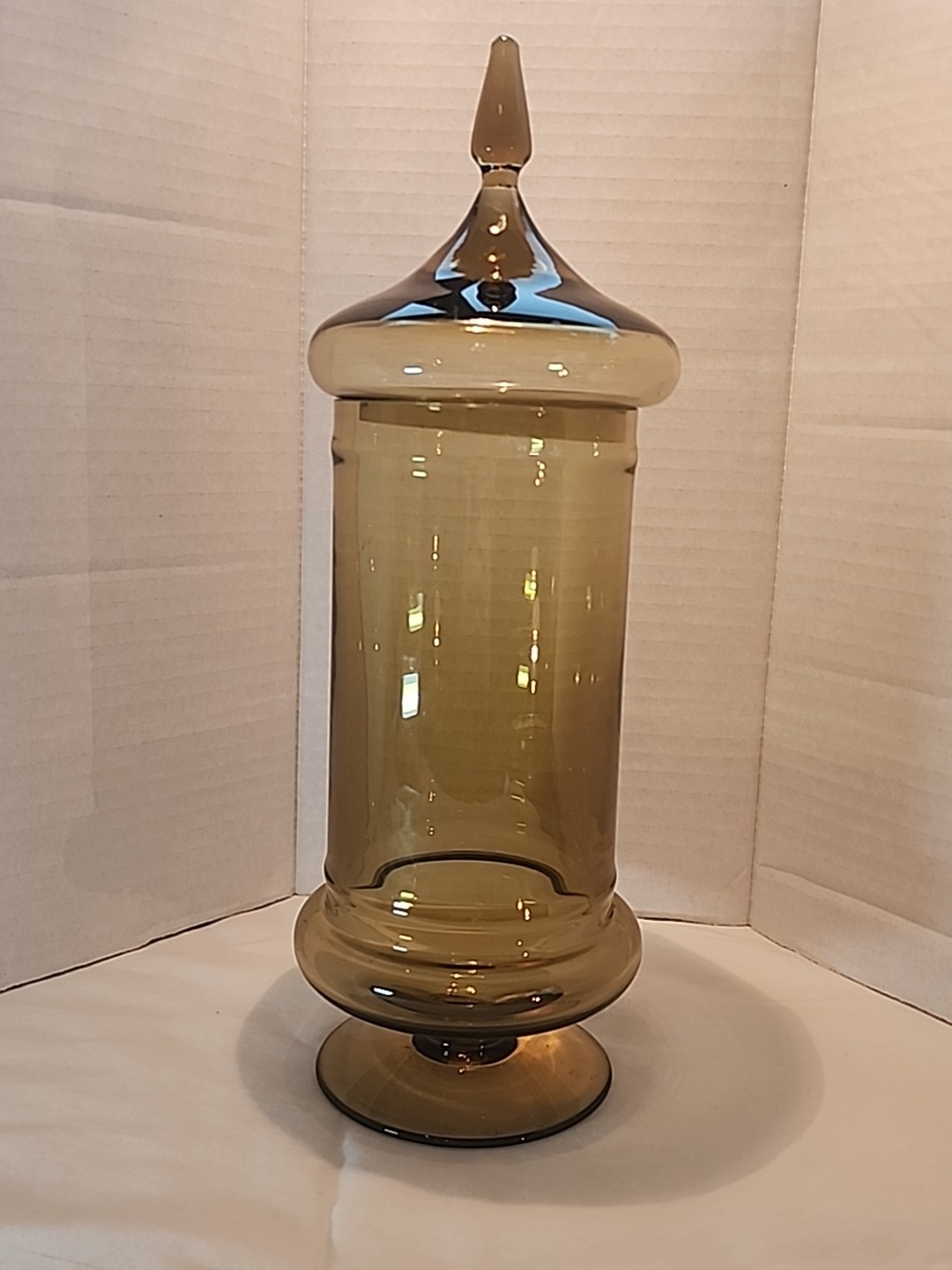 Vtg Empoli Amber Apothecary Jar Circus Tent Lid Pedestal Candy Handblown MCM 12”