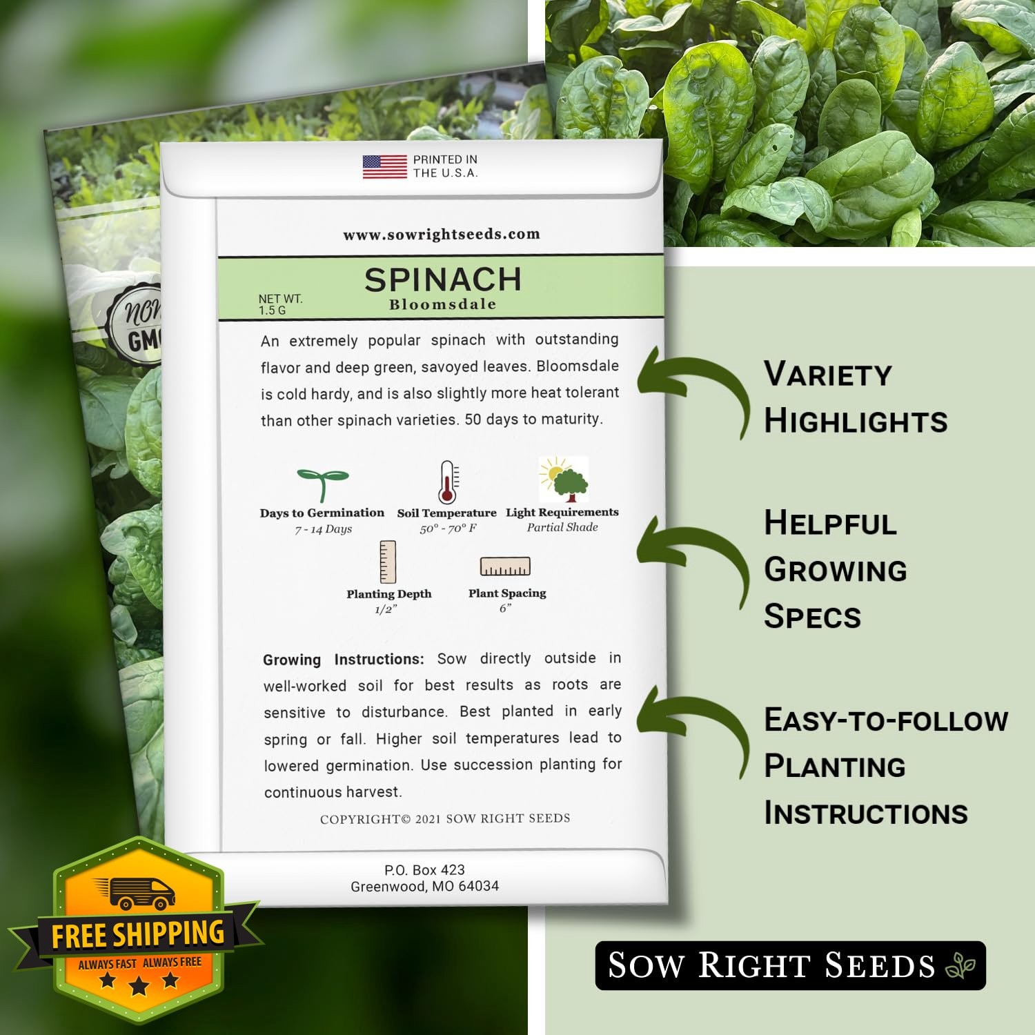 Sow Right Spinach Seeds Non-GMO Heirloom Packet Garden Vegetable Plant