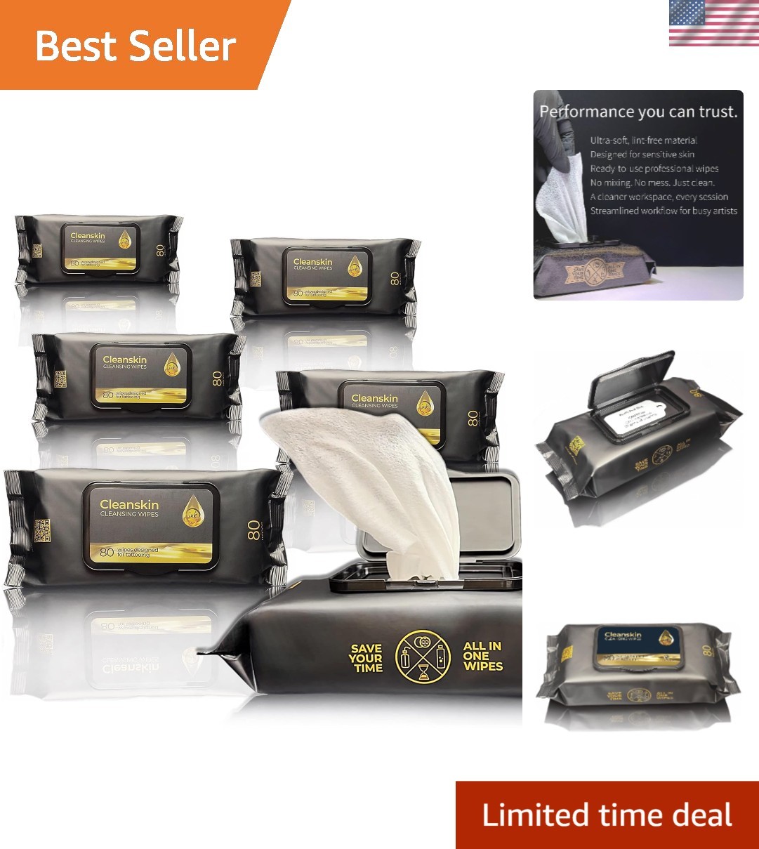 CleanSkin Cleansing Safe Green Soap Wipes for Tattooing All in One solution T...