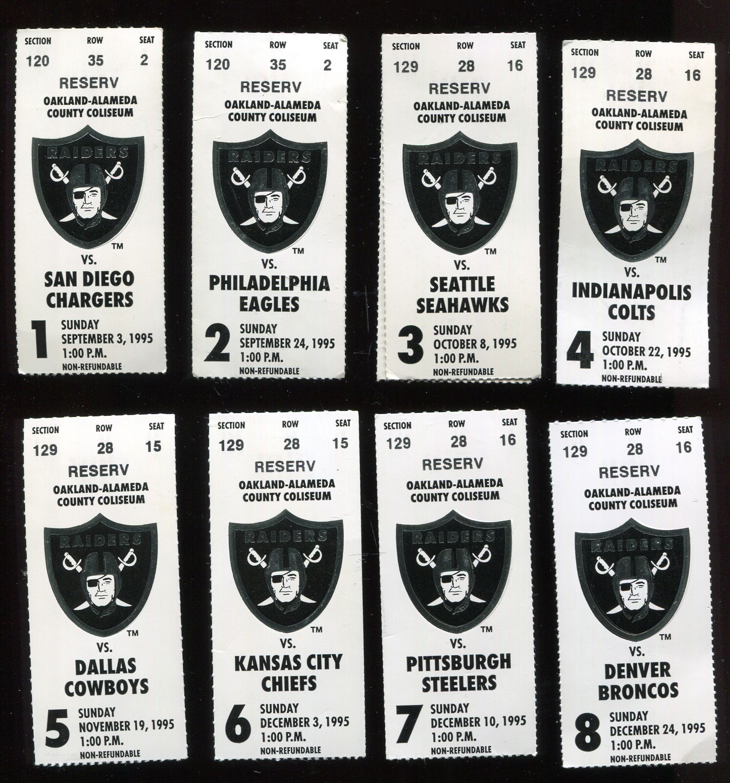 RAIDERS 1995 FOOTBALL TICKET STUBS (W953) AT THE OAKLAND-ALAMEDA COLISEUM