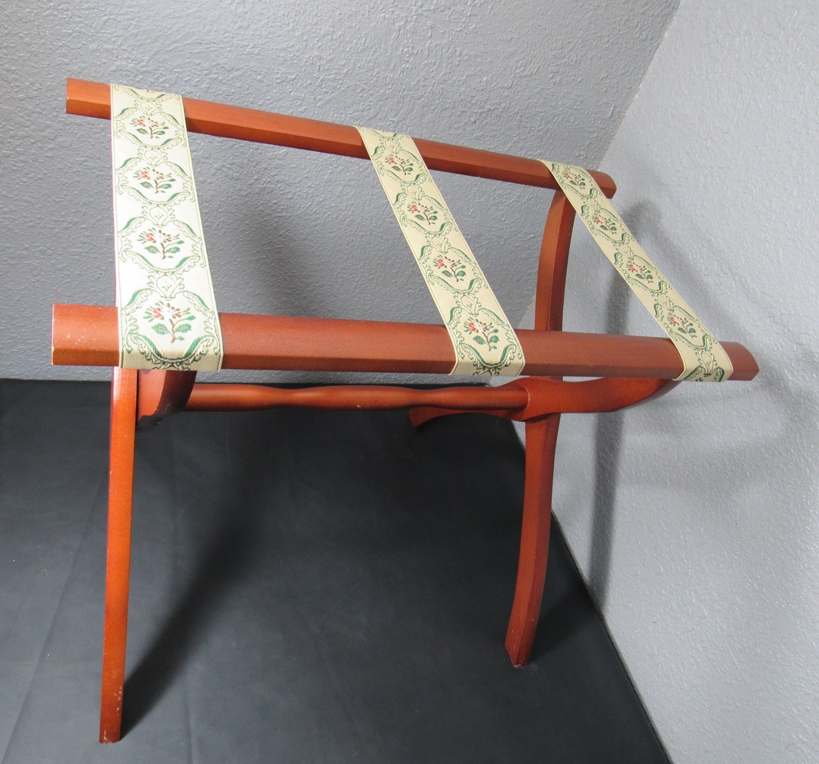 Vintage Scheibe Luggage Stand Suitcase Rack Folding Wood With Tapestry Straps