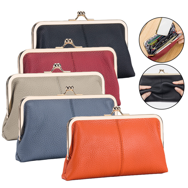 Women Retro Genuine Leather Kiss Lock Wallet BCard Holder Clutch Bag Purse