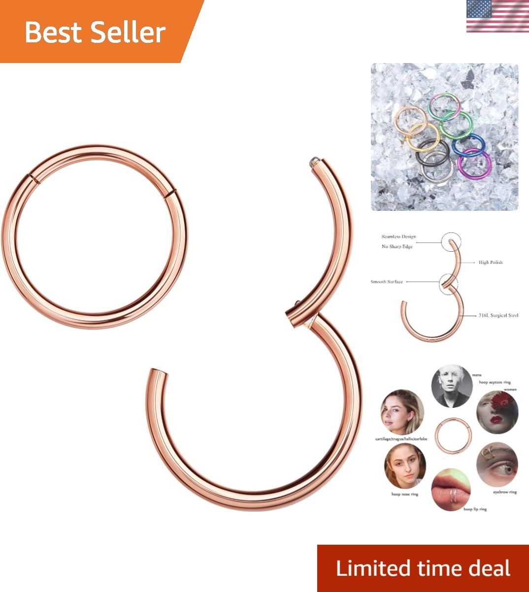 316L Surgical Steel Hinged Nose Rings Hoop 20G 18G 16G 14G, Diameter 6mm to 1...