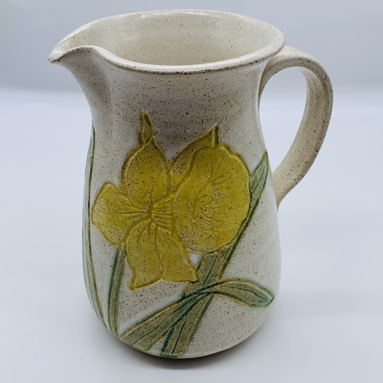 Vintage Studio Art Pottery Pitcher Yellow Flower Signed By Artist 7”T 5”W