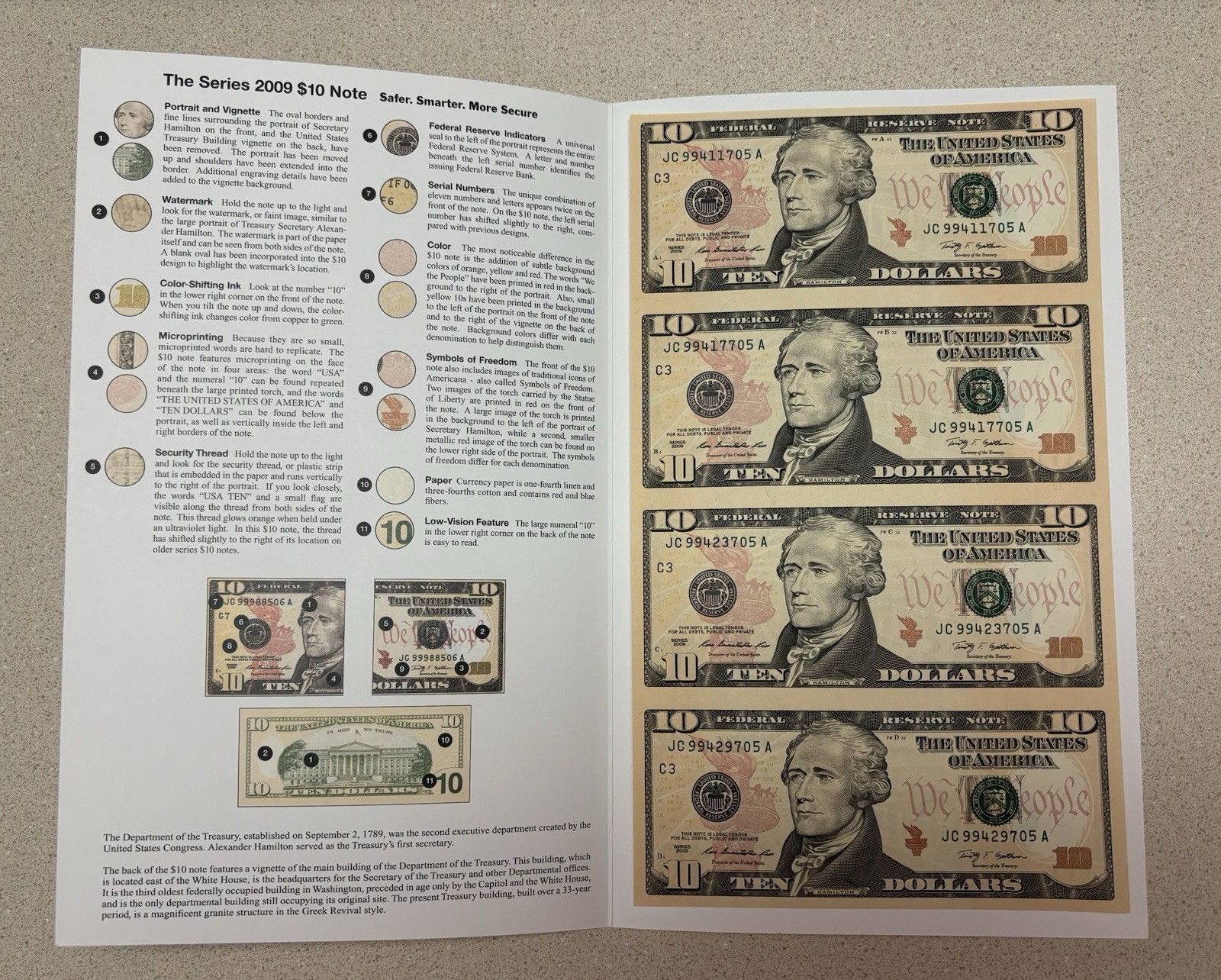 Series 2009 $10 Four-Note Uncut Currency Sheet W/ BEP Folder