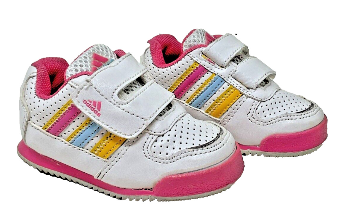 ADIDAS Girls White Leather Pink Yellow Blue Stripes Rainbow Size 10.5 EUC