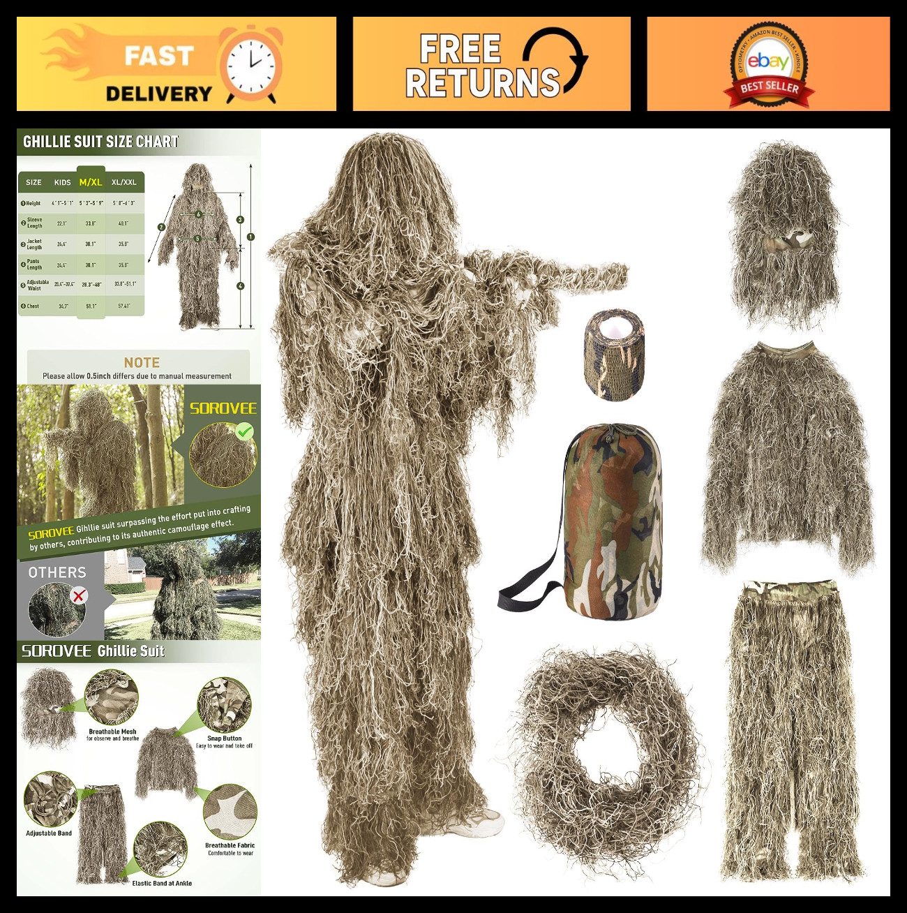 5-in-1 Ghillie Suit for Men - Jacket, Pants, Hood, Carry Bag & Camo Tapes - Hall