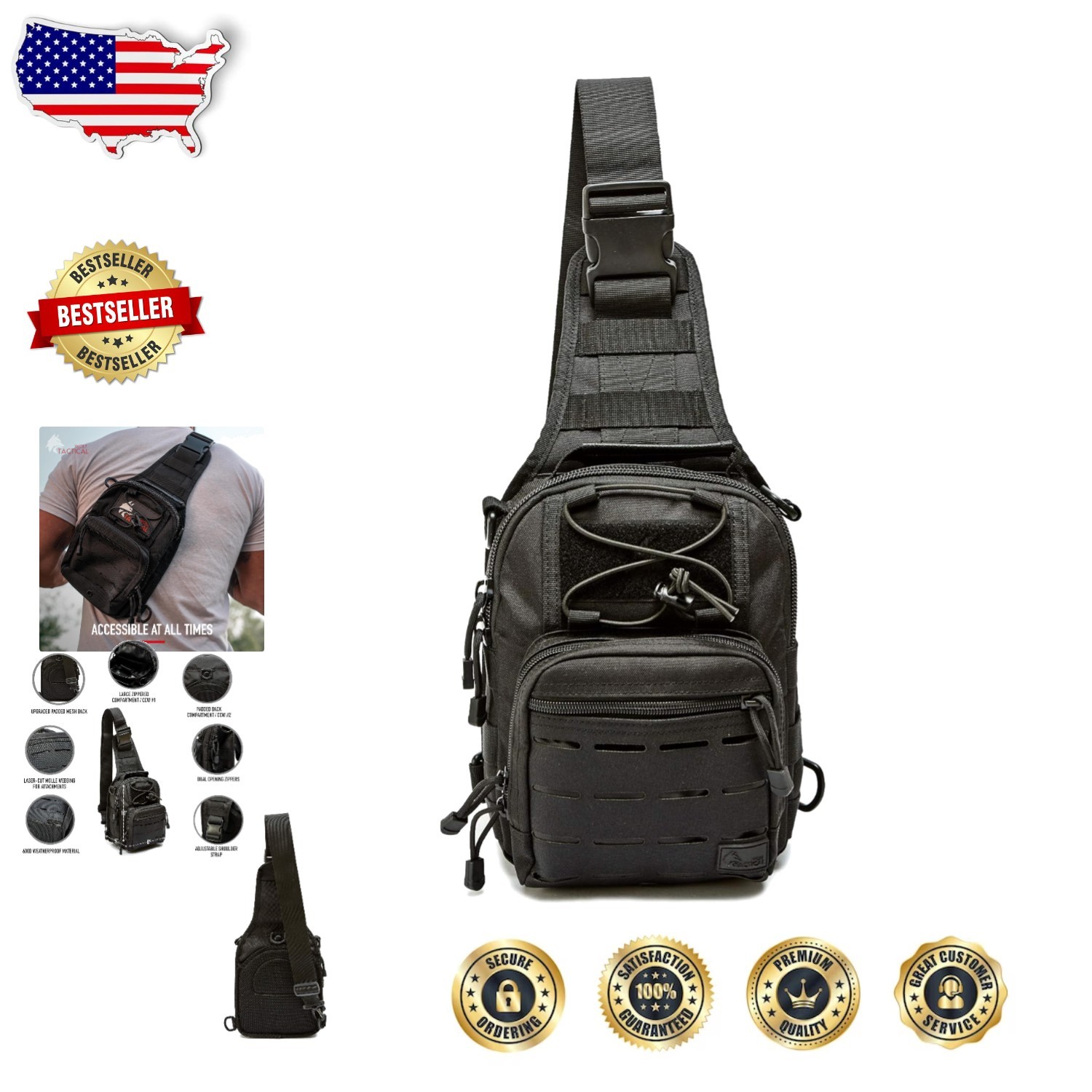 Compact Black Men's Sling Bag - 1000D Nylon Concealed Carry Travel Duffel