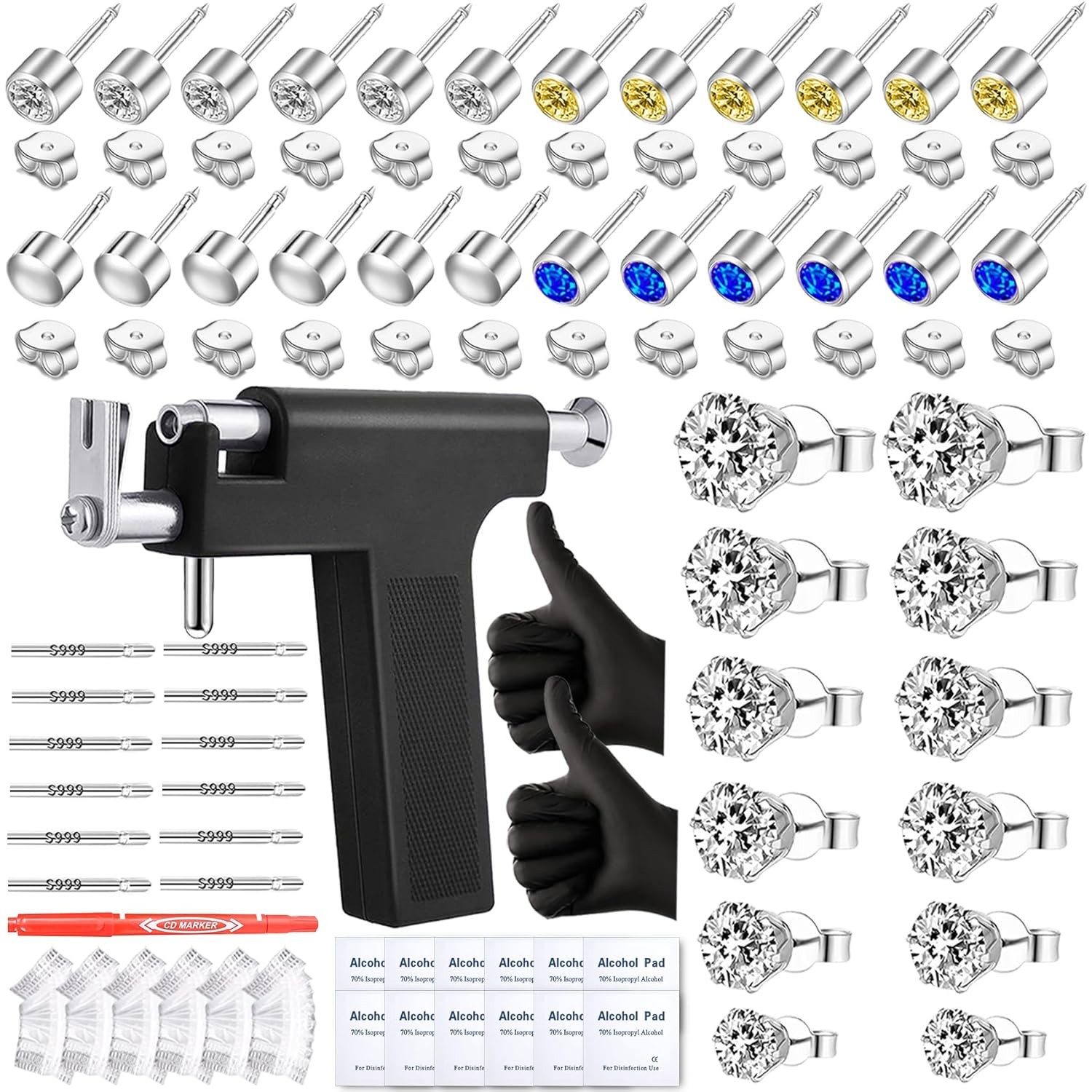 Self Ear Piercing Gun Kit with 18 Pairs of CZ Ear Stud Piercing Tools with Multi
