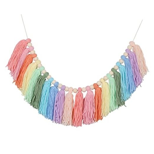 Pastel Rainbow Tassel Garland - Boho Tassel Garland with Wood Beads - Wall C