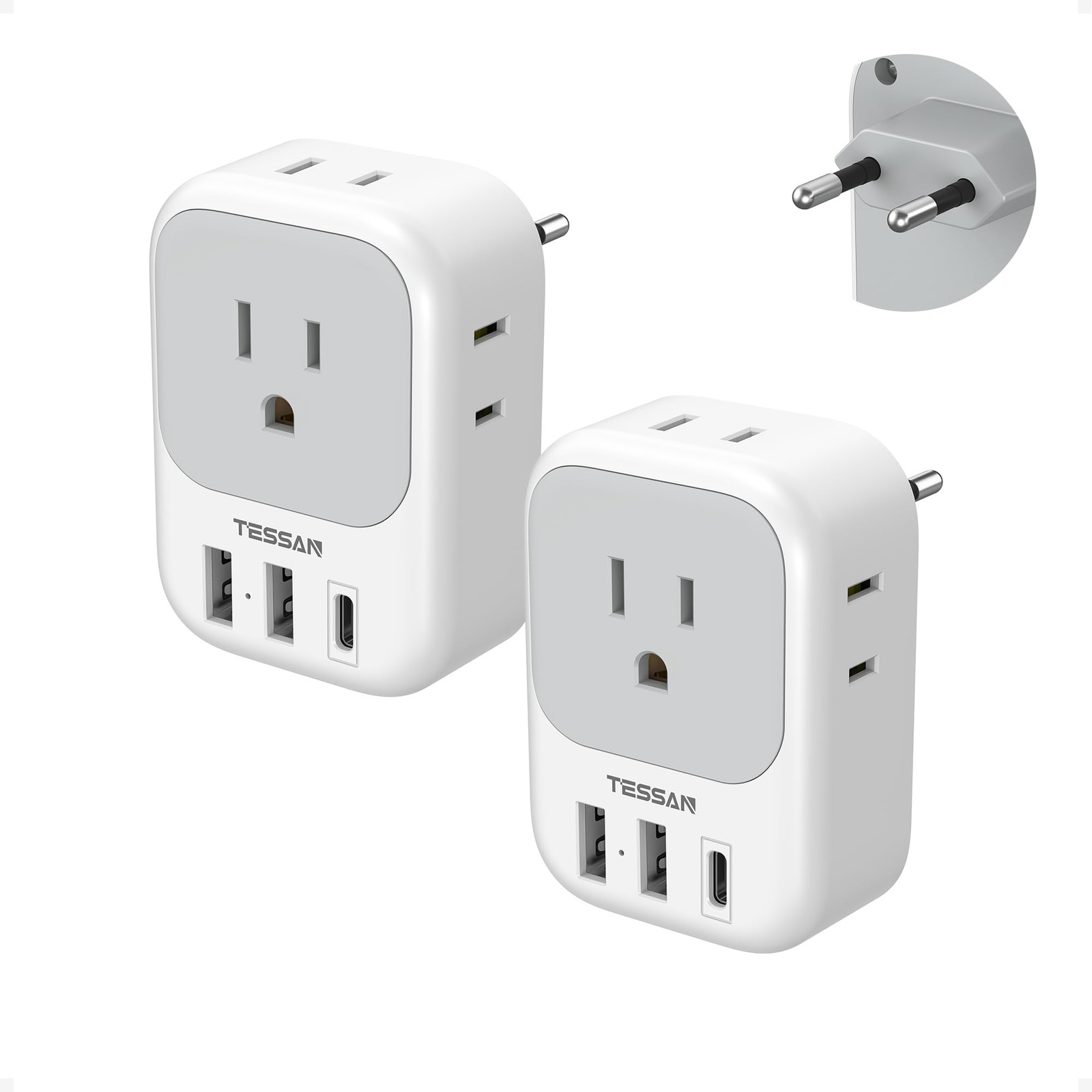 2 Pack European Plug Adapter USB C, TESSAN US to Europe Adapter 4 Outlets 3 USB