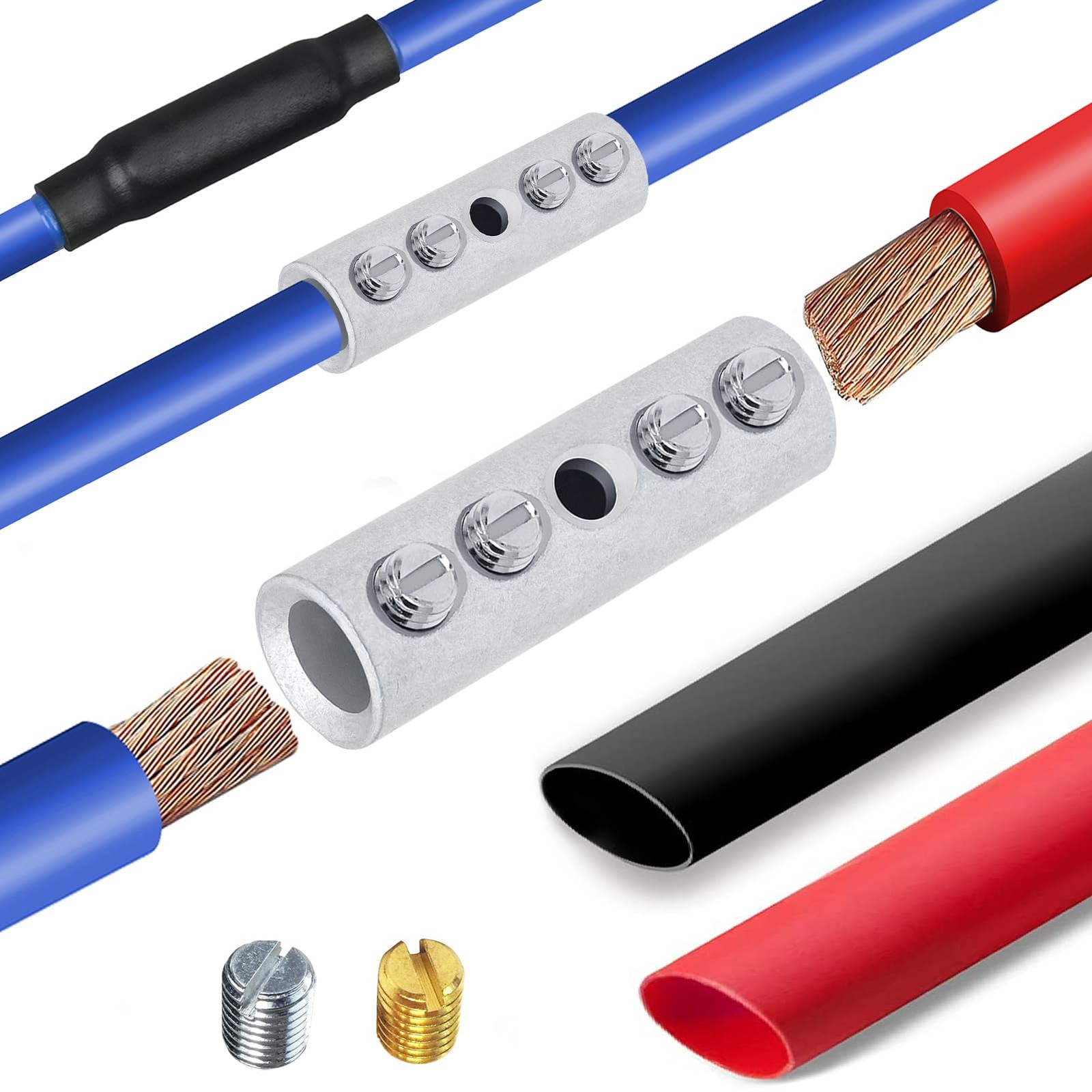 2/0 Gauge Wire Butt Connectors Kit Tinned Brass, 4PCS Screw Type Quick Wire C...