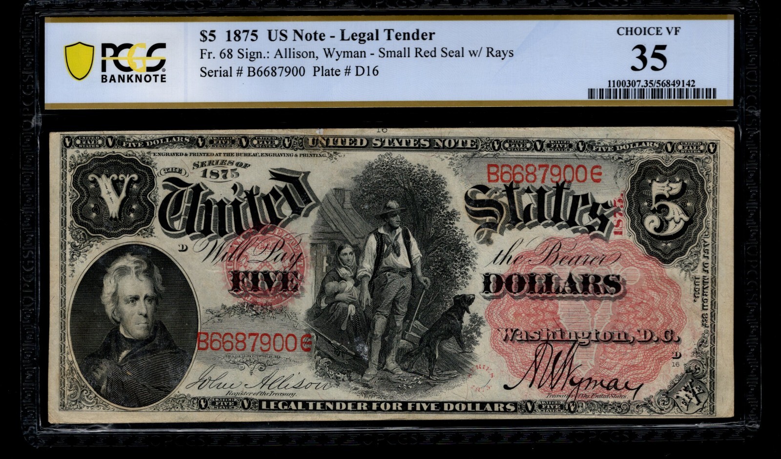 Five Dollar Legal Tender PCGS 35 FR 68 $5 Wood Chopper 1875