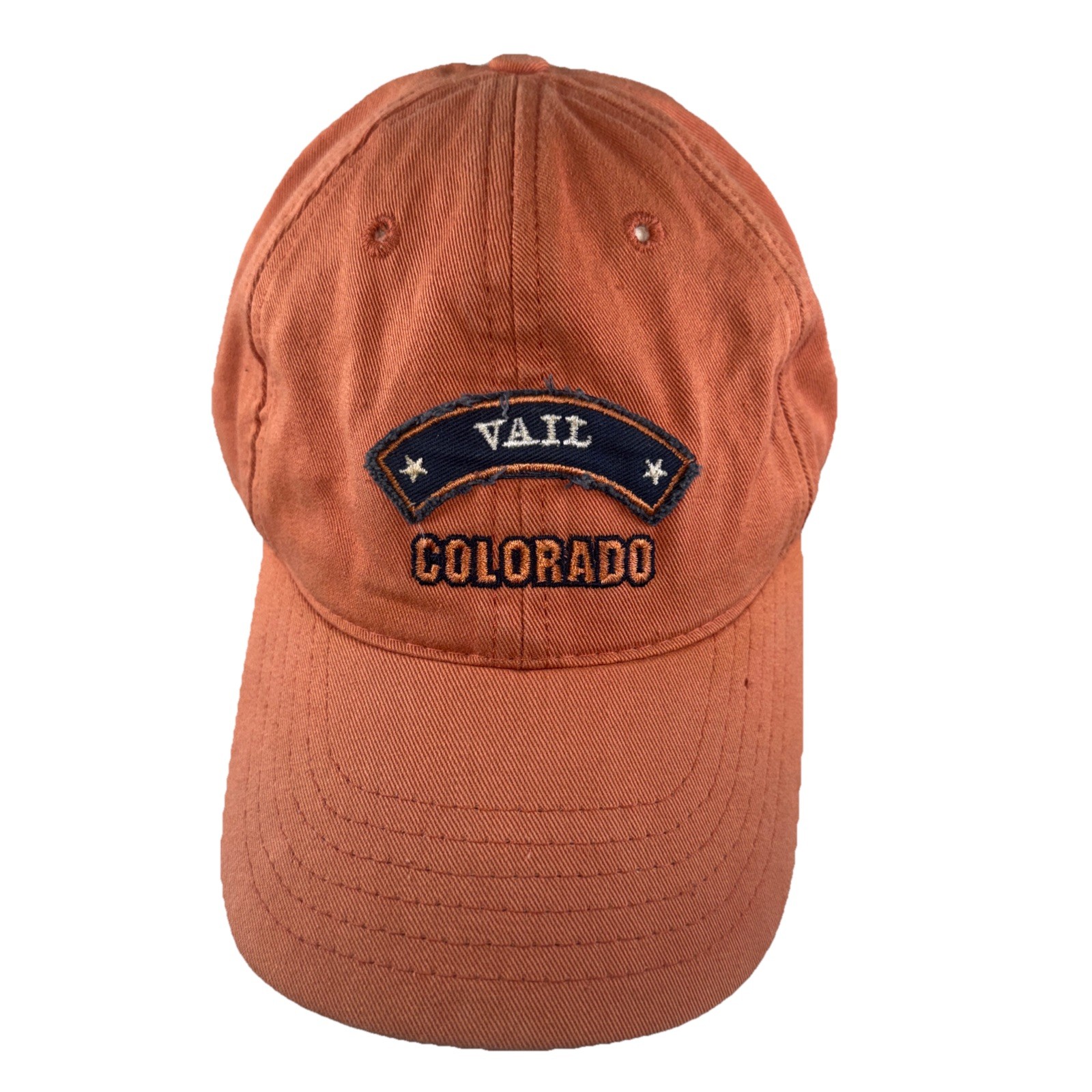 Vail Colorado Navy Orange on washed out Orange Cotton Hat Cap Strap Buckle Worn