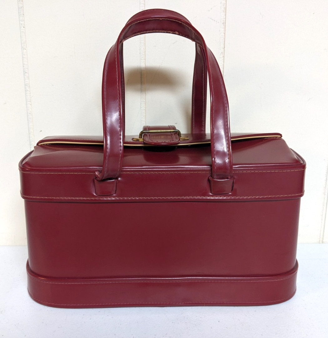 Vintage 1950's/ 1960's Burgandy Vinyl Two Handle Train Travel Luggage Case 
