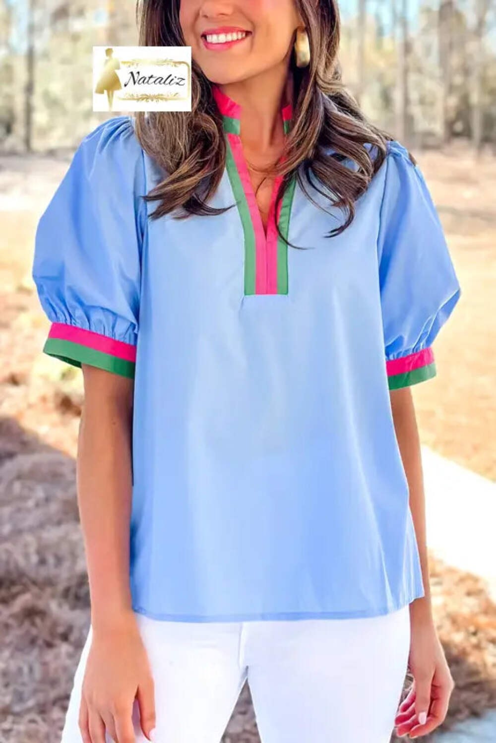 100% Cotton Sky Blue Contrast Striped V Neck Collision Short Puff Sleeve Blouse