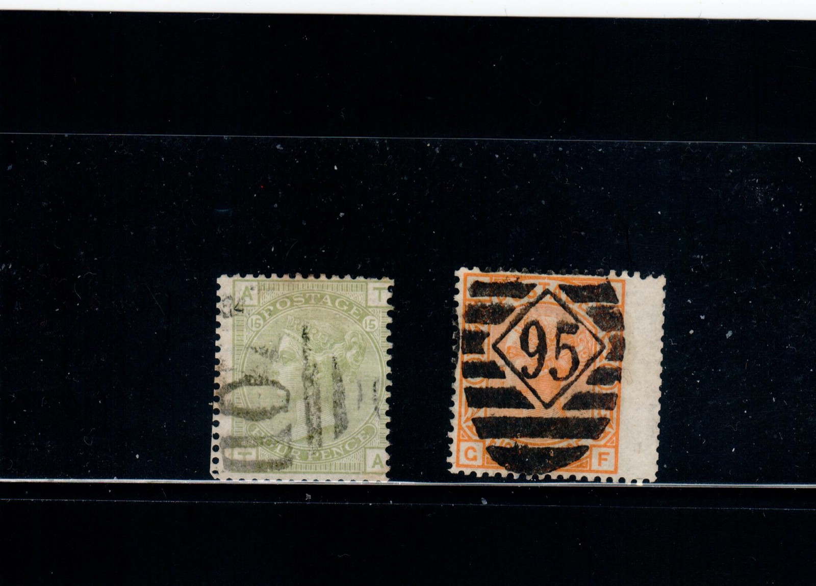 Great Britain SC# 70 & 73 Used 1876-77 QV 4p Sage Green P#15 & 8p Orange P#1