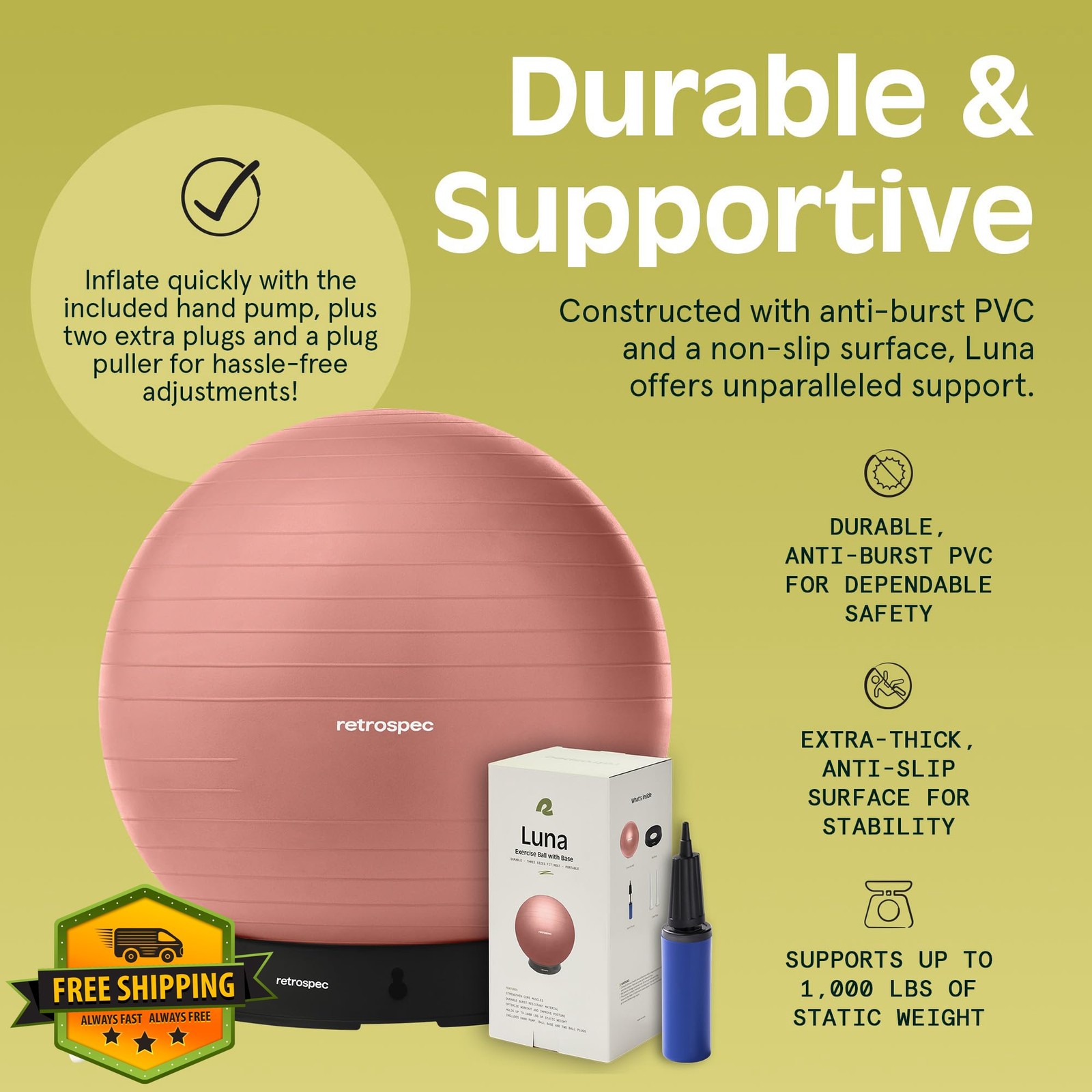 Retrospec Luna Exercise Ball Anti-Burst w/ Pump Yoga Stability