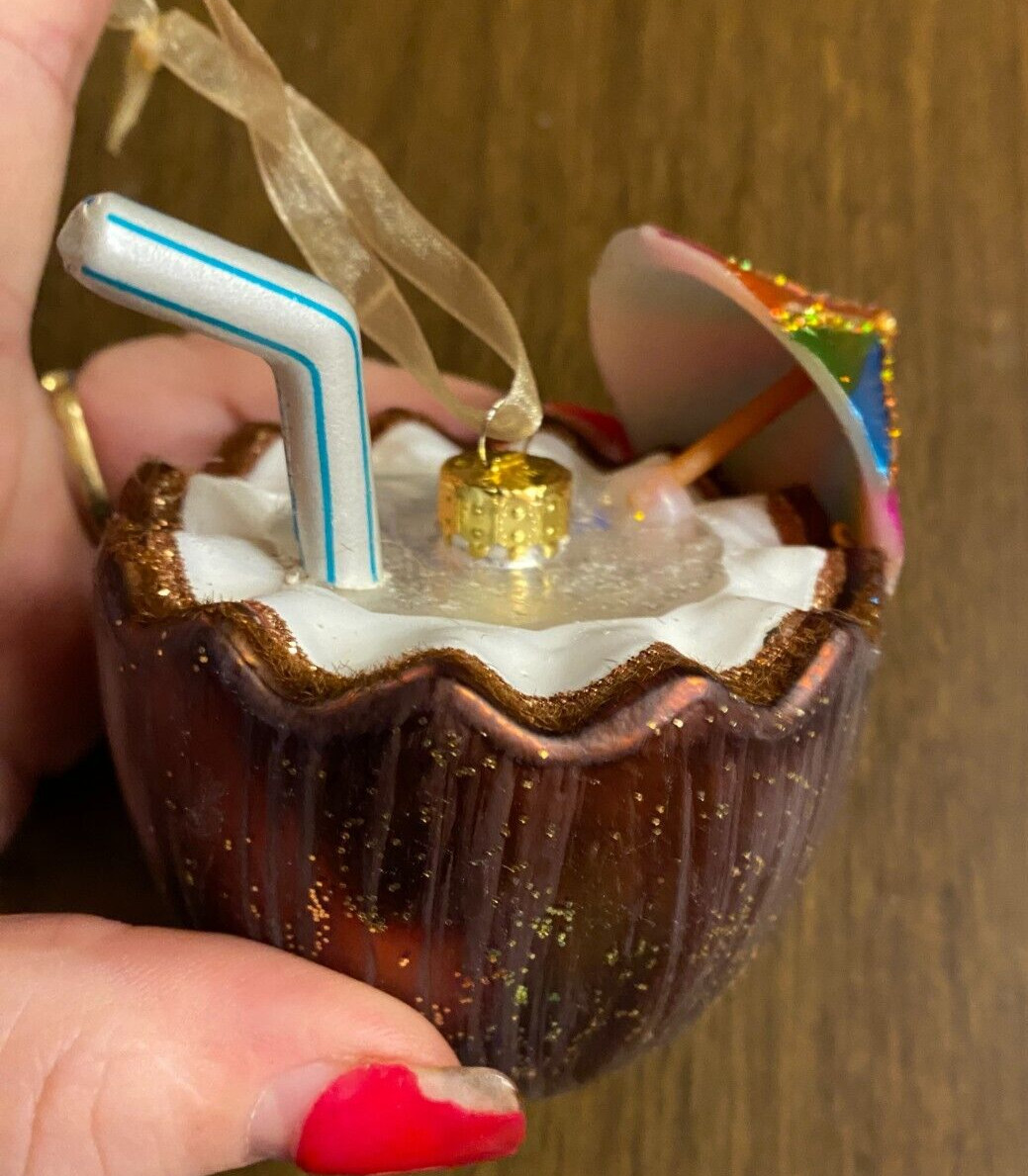 Blown Glass Coconut Drink Straw & Umbrella Tropical Christmas Ornament 4"