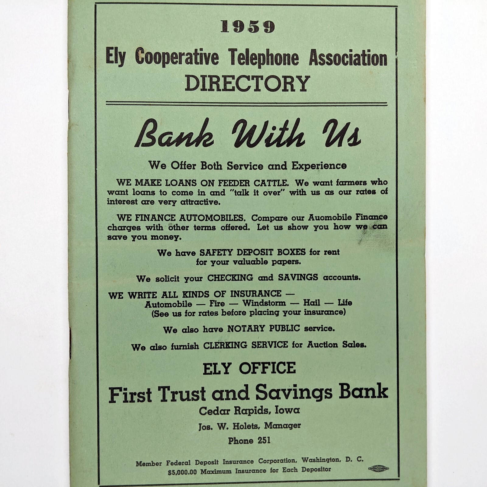 1959 Ely, Iowa Cooperative Telephone Directory Cedar Rapids IA Mt Vernon Vtg 7K