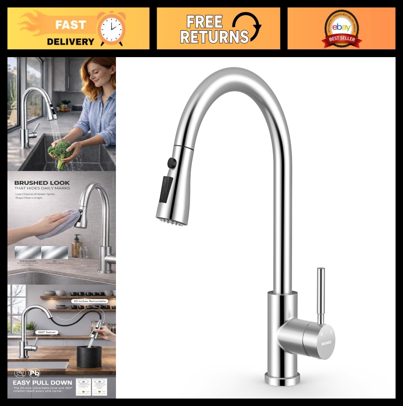 Stainless Steel Kitchen Faucet with Pull Down Sprayer, Single Handle 1 Hole, Chr