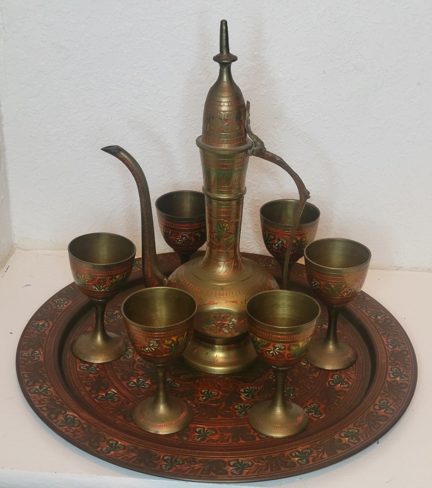 Vintage Etched Brass Persian Style Tea Set 6 cup set Goblets