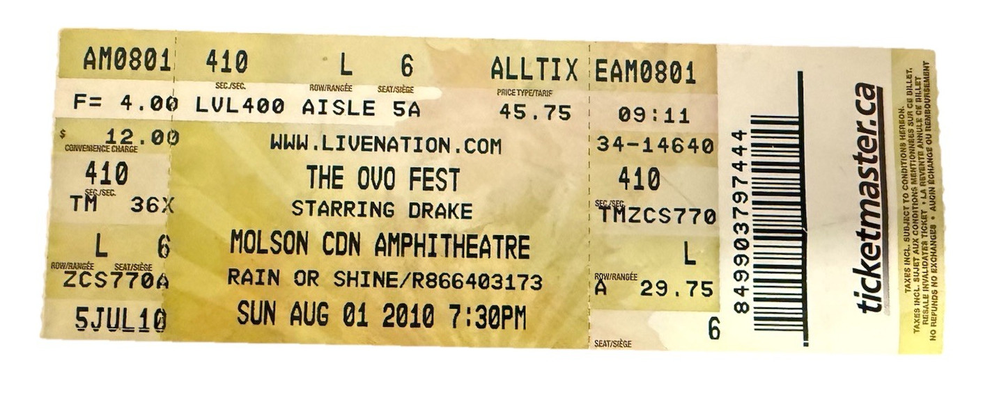 RARE 1ST Drake OVO FEST Ticket Stub August 1, 2010 Molson Canadian Amphitheatre