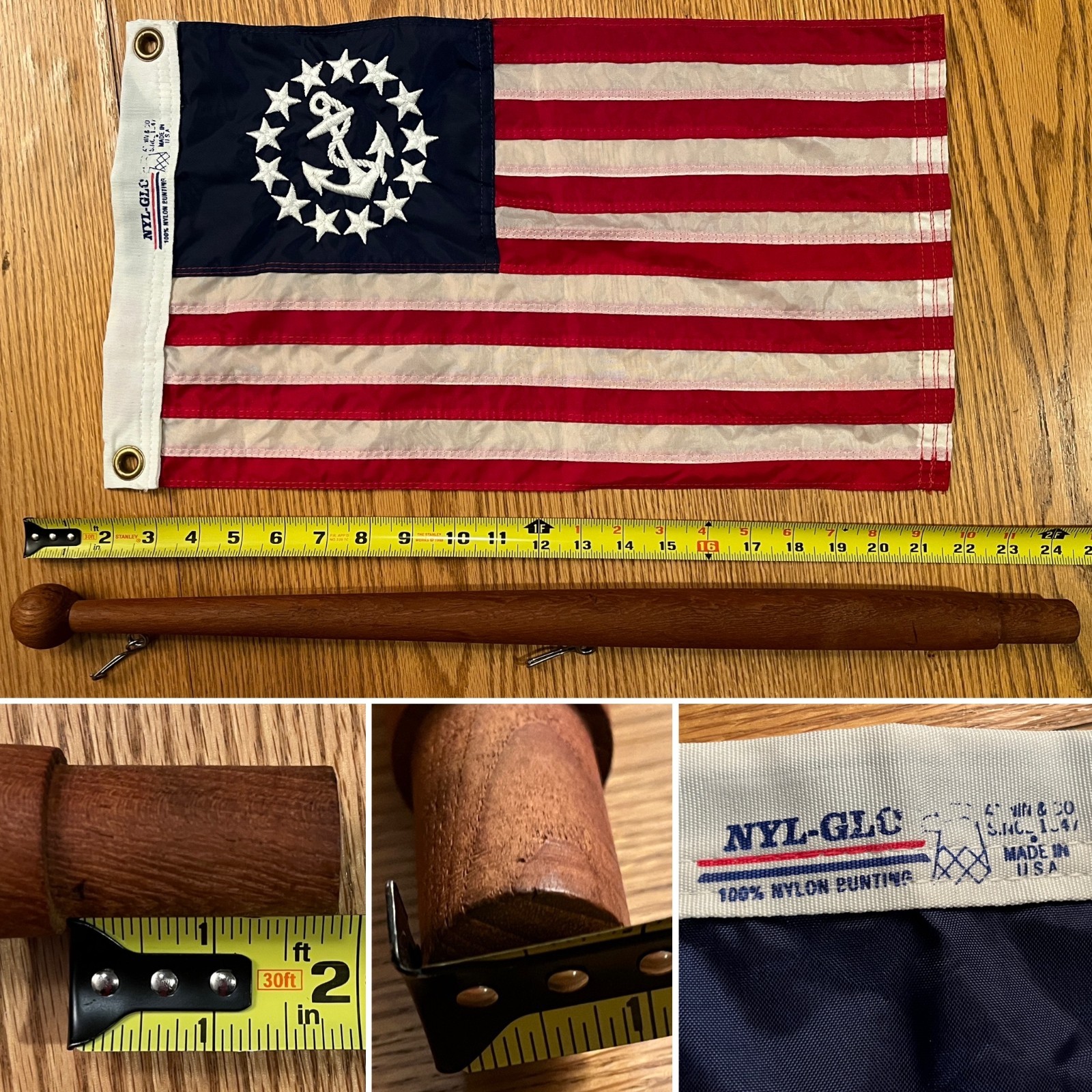 20"x11" Yacht Ensign Flag + 24" Wooden Flag Pole EUC