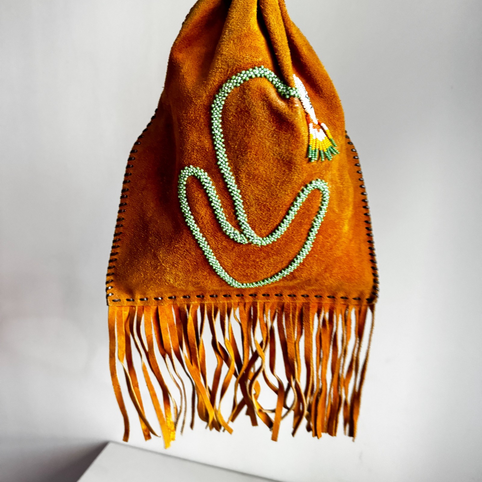 Vintage Native American Suede Beaded Fringe Drawstring Journey Bag