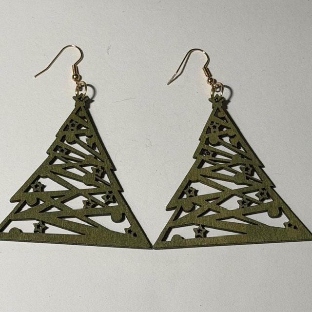 Wood Gold Tone Christmas Tree Star Dangle Earrings Lightweight Laser Cut