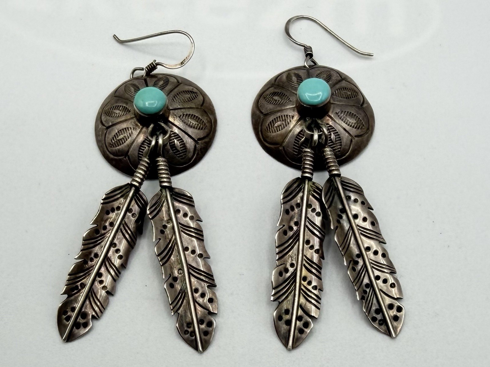 Vintage Navajo Sterling Silver Turquoise Dangle  Feathers Earrings