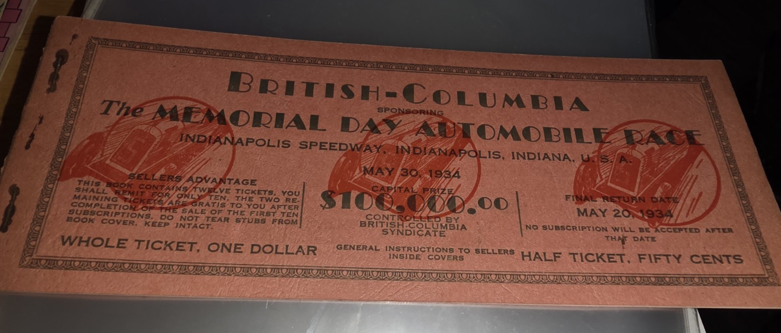 Rare Indianapolis Speedway Raffle Tickets 1934 British Columbia 