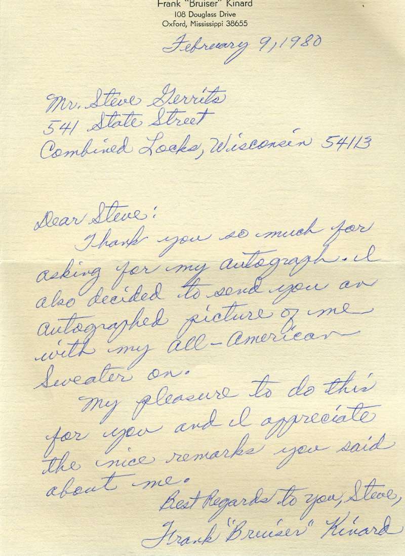Frank Bruiser Kinard JSA Coa Autograph Hand Signed 1980 Handwritten Letter