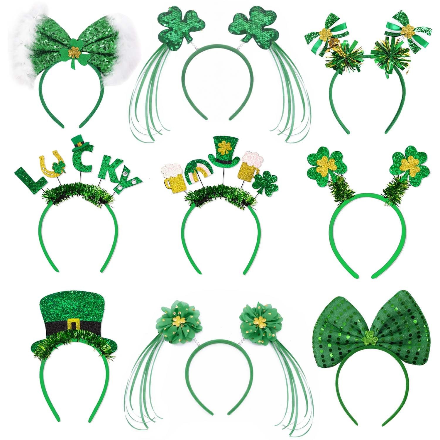 Blync 9Pcs St. Patrick's Day Headbands, Green Shanrock Irish Standard, 