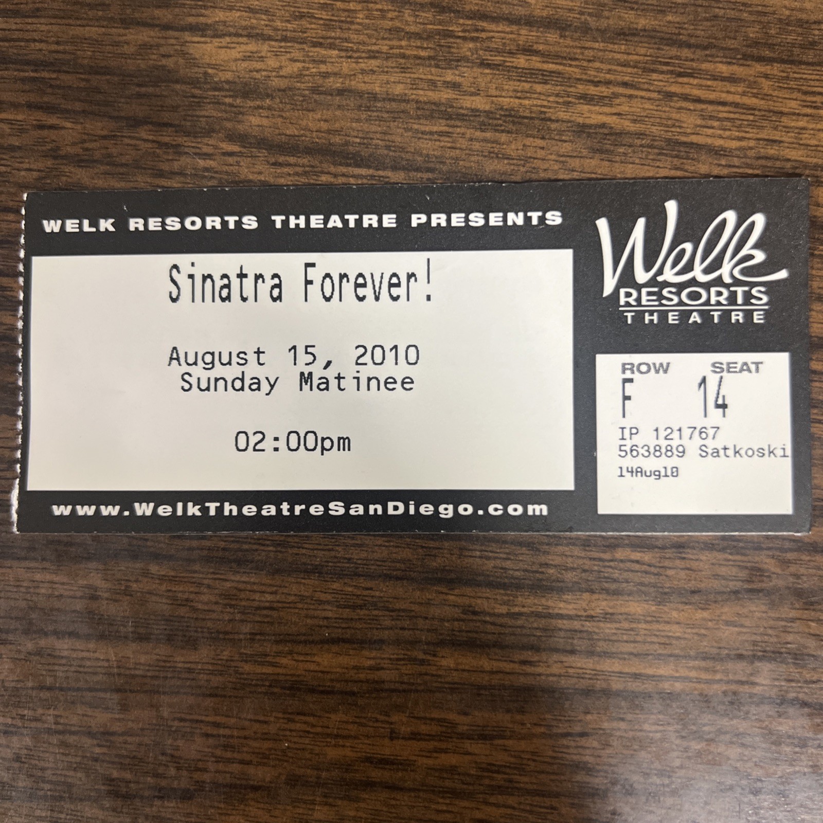 Sinatra Forever August 15, 2010 Welk Resort Theatre Ticket