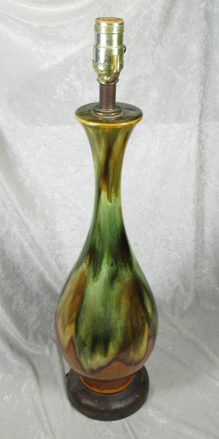 Vintage Mid Century Modern Drip Glaze Pottery Table Lamp Green Orange Brown