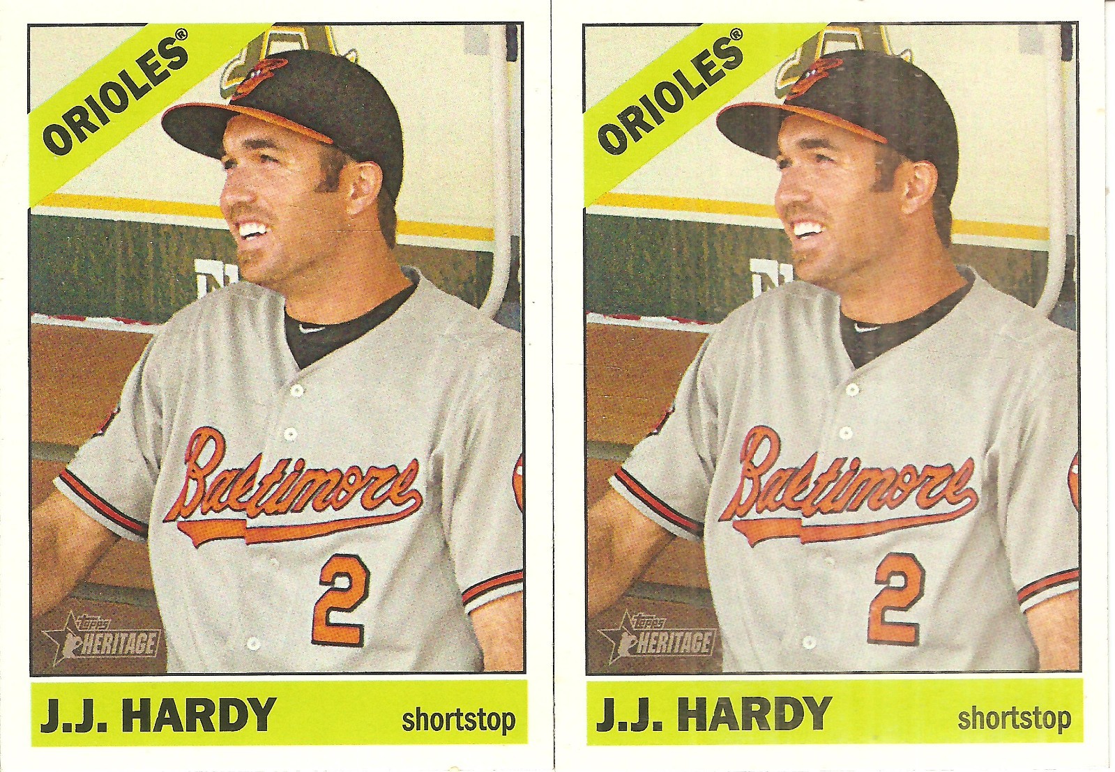 2 CARD 2015 TOPPS HERITAGE J.J. HARDY BASEBALL CARD LOT