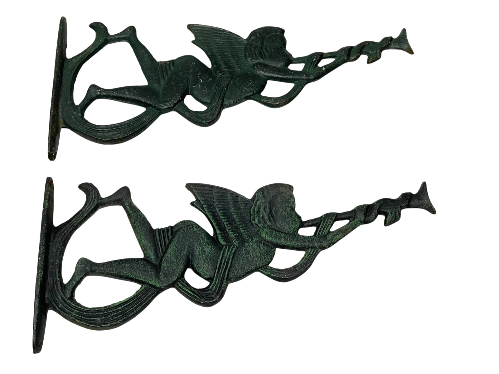 2 Vintage Cast Iron Trumpeting Angel Cherub Decor Front Mount Deep Green Patina