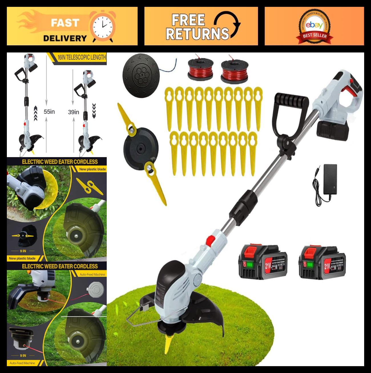 Powerful 21V Battery Weed Wacker & Edger, 2x 4.0Ah, Stringless Grass Trimmer for