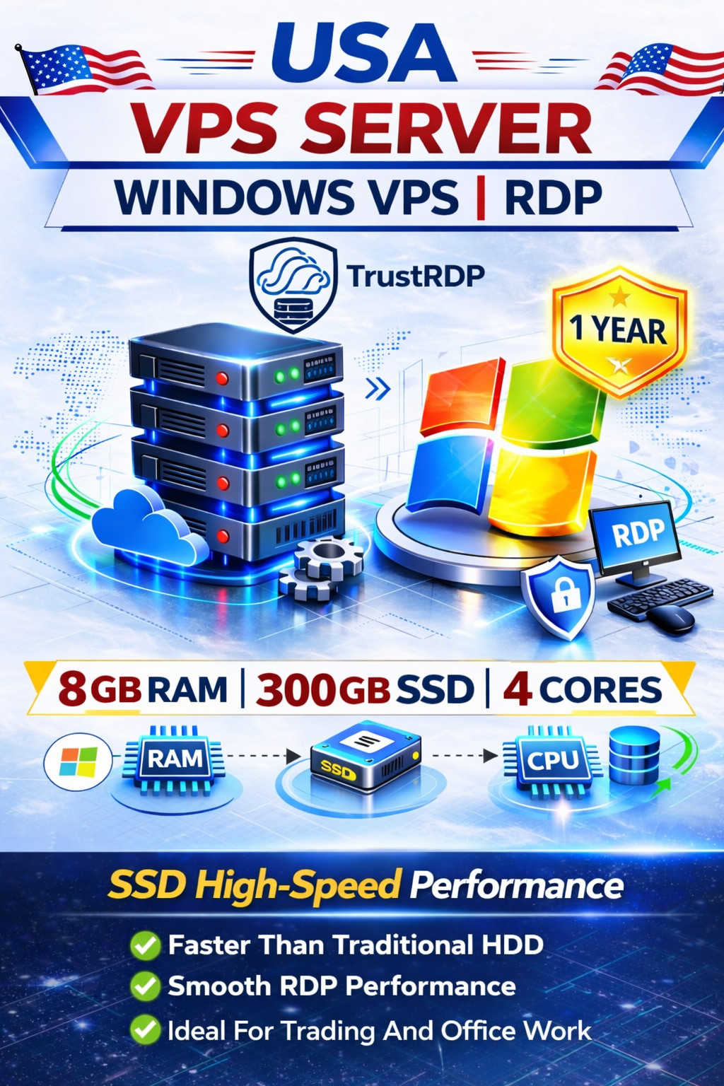 Windows VPS Server / RDP Server / VPS Hosting 8GB RAM 300GB SSD - 1 year