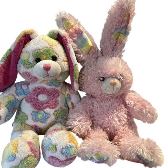 Build a Bear Lot Of 2 Easter Bunny Rabbits Plush Chenille Look Flowers Tall Ears